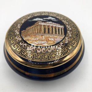Parthenon Trinket Box 24k Gold Trimmed Cobalt Blue Hand Made in Greece 2.5” D